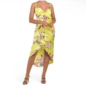 Rachel Zoe Green Glow Floral‎ Wrap Dress Large Satin Silk Cowl Neck Sleeveless